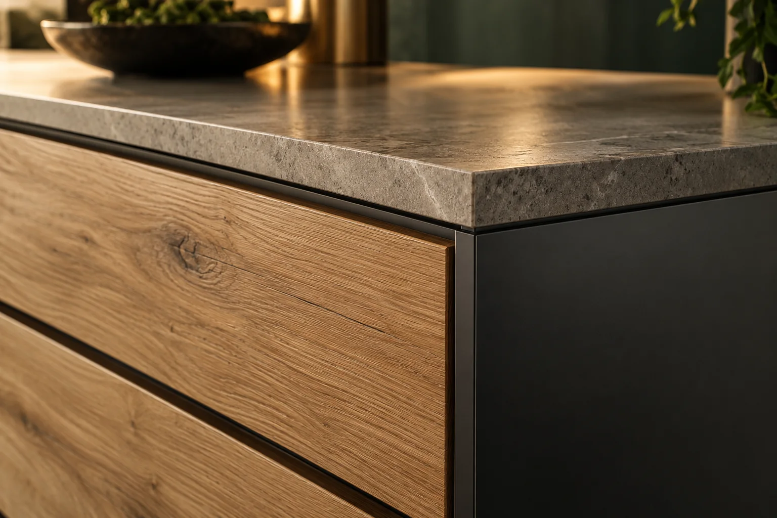 Detail aus Eichenfront, Naturstein und schwarzer Schattenfuge