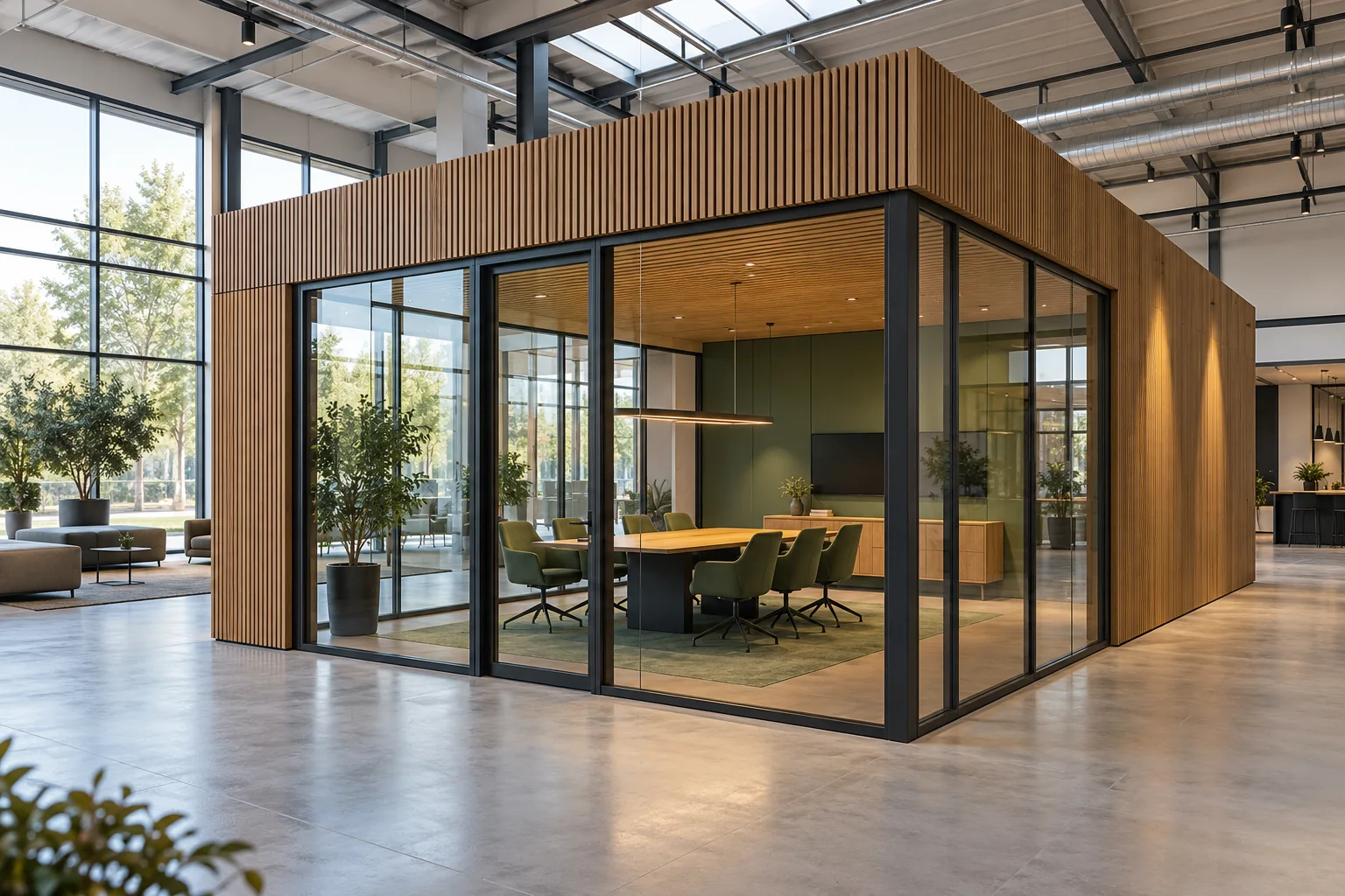 Freistehendes Raum-in-Raum-System aus Holz und Glas